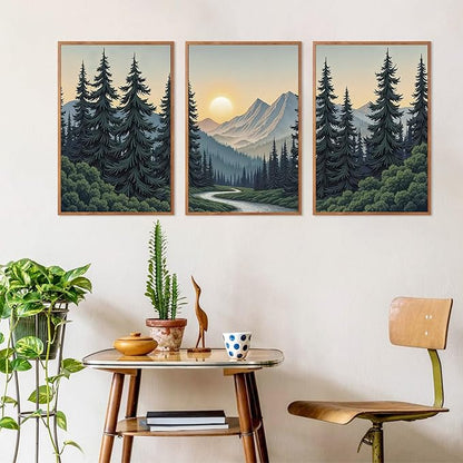 HLNIUC Boho Mountain Sun Forest Framed Canvas Wall Art,Large Nature Sunrise Wall Decor,Yosemite Scene Pine Tree Artwork Set of 3 (24x36),Watercolor Landscape Prints for Living Room,Bedroom,Office
