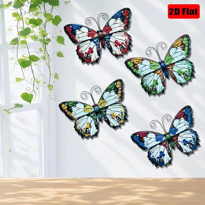 LWINGFLYER 4 Pcs Vintage Metal Wall Decor Butterfly & Flower - Rustic Farmhouse Metal Wall Art for Indoor Bathroom & Outdoor Fence Decoration (Butterflies)