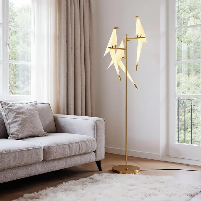 Nordic Paper Crane Floor Lamp, 3-Light Artistic Standing Lamp with LED Lighting, Modern Bird Design with Metal Frame, Decorative Floor Lamp for Living Room, Bedroom, Office & Reading Corner