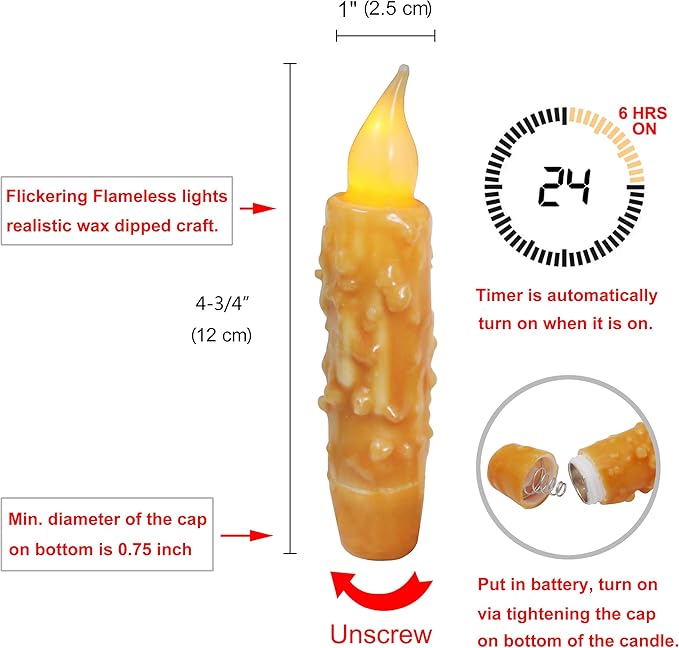 CVHOMEDECO. Real Wax Hand Dipped Battery Operated LED Timer Taper Candles Rustic Primitive Flameless Lights Decor, 4-3/4 Inch, Orange, 3 PCS in a Package