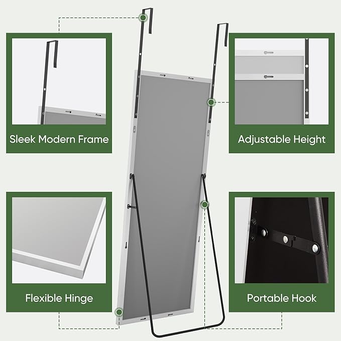 Suidia Full Length Mirror Over the Door&Wall Mounted, 48"x14" Door Mirror with Aluminum Alloy Frame, HD Shatterproof, No-Drill, Hanging Mirrors for Bedroom, Bathroom, Dorm, Closet, Rect, White