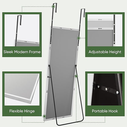 Suidia Full Length Mirror Over the Door&Wall Mounted, 48"x14" Door Mirror with Aluminum Alloy Frame, HD Shatterproof, No-Drill, Hanging Mirrors for Bedroom, Bathroom, Dorm, Closet, Rect, White