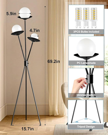 3 Globe Dimmable Tripod Floor Lamp, Mid Century Tree Floor Lamps with 3Pcs 3000K Bulbs Included, Modern Standing Tall Lamp for Living Room Bedroom Home Office Corner-Black