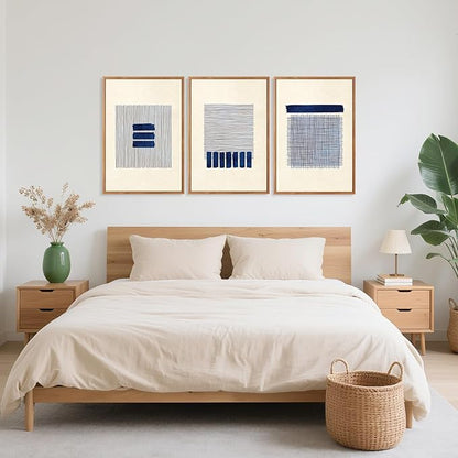 Aurlan Boho Christian Line Art Framed Wall Decor(16"x24"), 3PCS Minimalist Jesus Leavs the 99 Sheep Lamb Bible Story Canvas Artwork, Neutral Abstract Beige Navy Blue Religious Painting for Bedroom Living Room