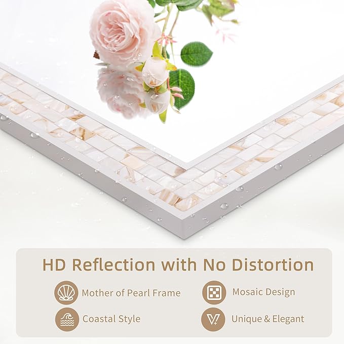 Tanmicoshomy White Framed Rectangle Mirrors 24 x 47 Inch, Coastal Wall Mirrors with Natural Shell for Bathroom, Bedroom or Entryway, Wall Mounted Horizontal or Vertical
