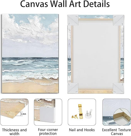 WENGTIAO Beach Canvas Wall Art Prints Set of 3 Coastal Seaside Wall Paintings Abstract Seascape Photos Pictures Blue Ocean Artwork for Home Decor Living Room Bedroom Office 16”x24”x3