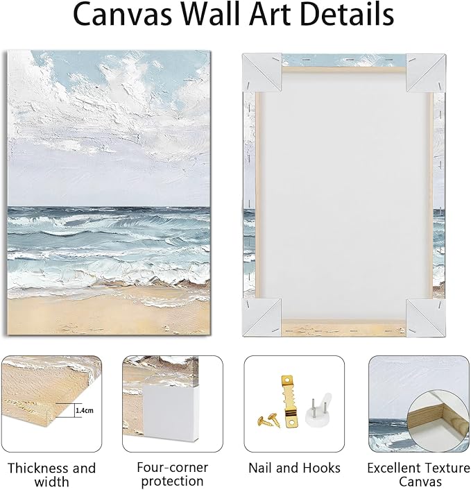 WENGTIAO Beach Canvas Wall Art Prints Set of 3 Coastal Seaside Wall Paintings Abstract Seascape Photos Pictures Blue Ocean Artwork for Home Decor Living Room Bedroom Office 12”x16”x3