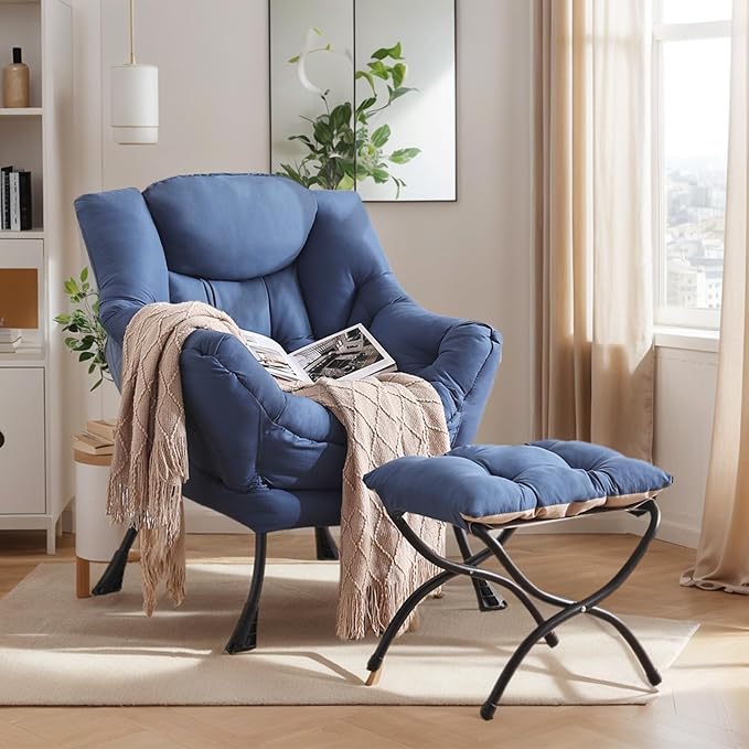 Lazy Chair with Ottoman, Large Royal Blue Accent Chair with Ottoman, Comfy Reading Armchair, Leisure Sofa Chair for Living Room, Bedroom, Dorm Room, Office