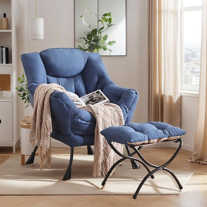 Lazy Chair with Ottoman, Large Royal Blue Accent Chair with Ottoman, Comfy Reading Armchair, Leisure Sofa Chair for Living Room, Bedroom, Dorm Room, Office