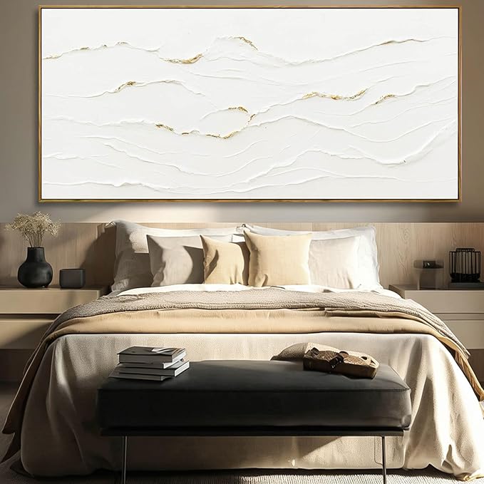WINKAILIN Minimalist White and Gold Textured Canvas Wall Art Modern Abstract Line Artwork for Living Room Bedroom Office Neutral Home Decor 40x88 Inch