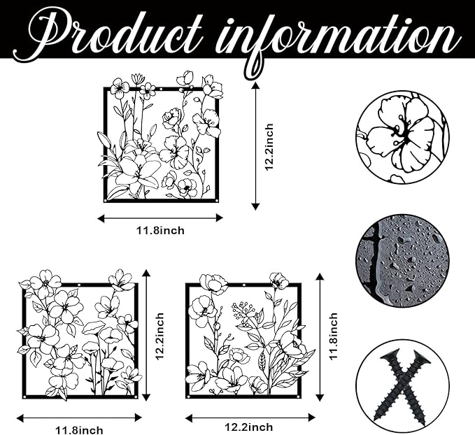 Vineland Metal Floral Wall Art, 11.8x11.8 inches, Set of 3, Black Minimalist Floral Decor for Living room Bathroom Bedroom, Housewarming Gifts