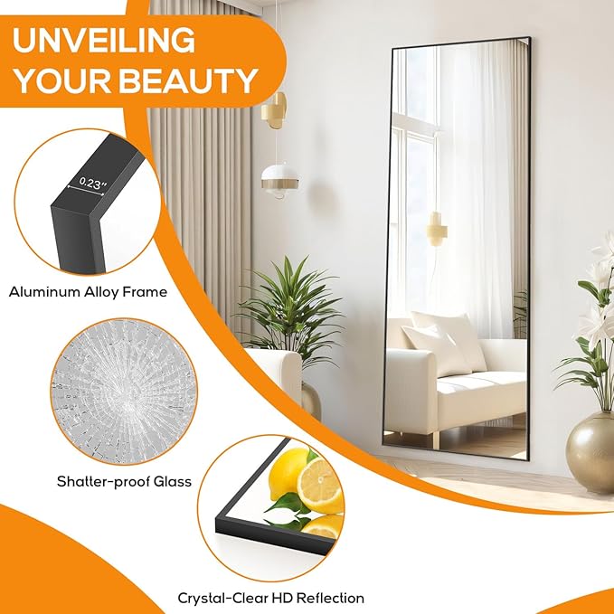 Mirror Full Length, Upgraded 21"x64" Body Wall Mirrors with Shatter-Proof Glass, Floor Standing, Hanging or Leaning, Large Tall Mirror with Stand Aluminum Alloy Frame for Bedroom Cloakroom