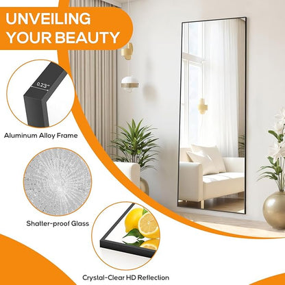Mirror Full Length, Upgraded 21"x64" Body Wall Mirrors with Shatter-Proof Glass, Floor Standing, Hanging or Leaning, Large Tall Mirror with Stand Aluminum Alloy Frame for Bedroom Cloakroom