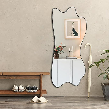 Irregular Mirror, 47.2"x21.2" Asymmetrical Aesthetic Wall Mirror, Modern Frameless Decorative Mirrors for Living Room Bedroom Entryway Hallway Fireplace, Horizontal or Vertical Hanging