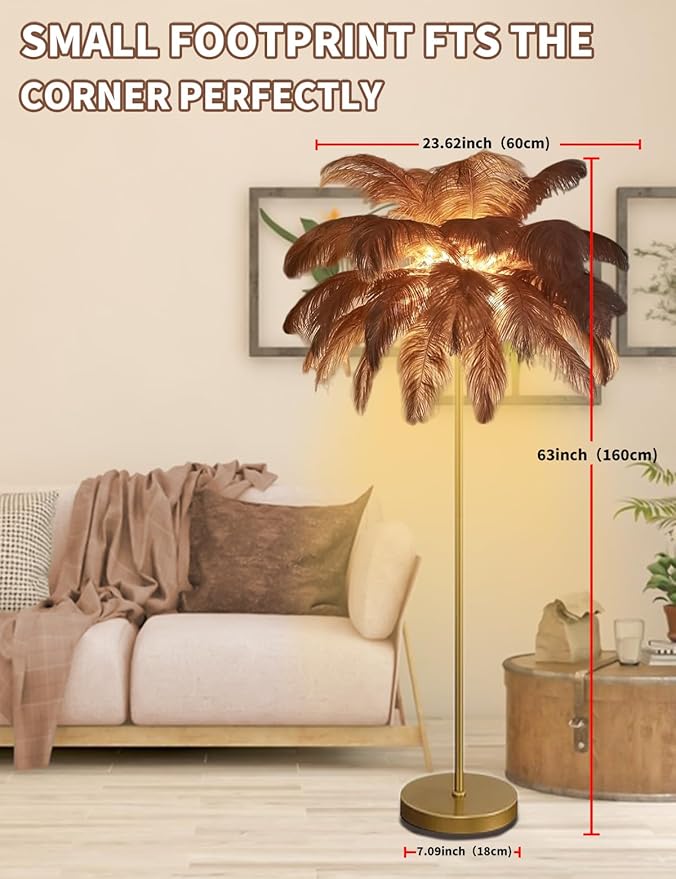 Feather Floor Lamp,Fluffy Ostrich Feather Floor Lamp for Bedroom,3 Color Temperatures Led Corner Modern Floor Lamps for Living Room Christmas Home Decor House Warming Gifts,63″ Height,50 Piece(Brown)