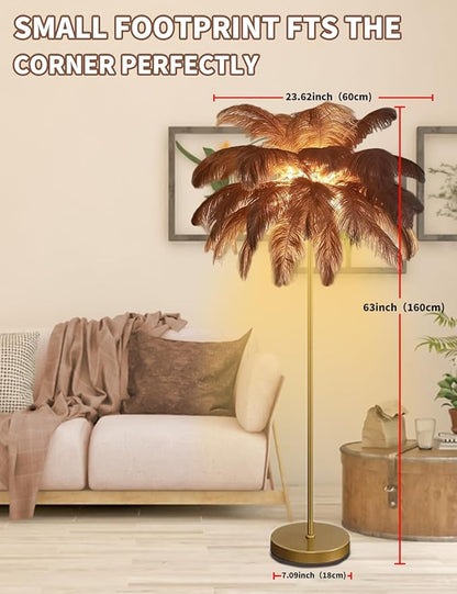 Feather Floor Lamp,Fluffy Ostrich Feather Floor Lamp for Bedroom,3 Color Temperatures Led Corner Modern Floor Lamps for Living Room Christmas Home Decor House Warming Gifts,63″ Height,50 Piece(Brown)