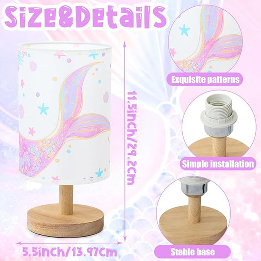 Mermaid Table Lamp for Kids Bedroom - Mermaid Tail Pastel Kids Bedside Lamp with Linen Wooden Nightstand Nursery Lampshade for Girls Room Decor