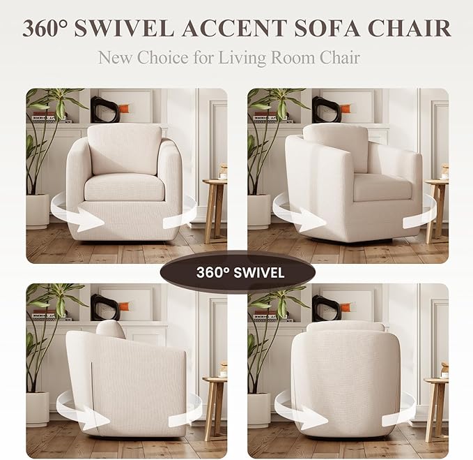 MALOL 360° Swivel Accent Chair Set of 2- Comfy Living Room Armchair No-Sag Foam & Sturdy Metal Base with Pillow, Fully Assembled Swivel Accent Single Sofa for Bedroom, Office, Beige