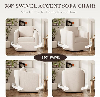 MALOL 360° Swivel Accent Chair Set of 2- Comfy Living Room Armchair No-Sag Foam & Sturdy Metal Base with Pillow, Fully Assembled Swivel Accent Single Sofa for Bedroom, Office, Beige