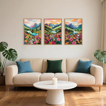 Colorful Wildflower Blossom Framed Canvas Wall Art Set,Mountain Flowers Wall Painting, Abstract Landscape Wall Decor,Natural Floral Artwork for Living Room,Dining Room,Office-16 x24 x3