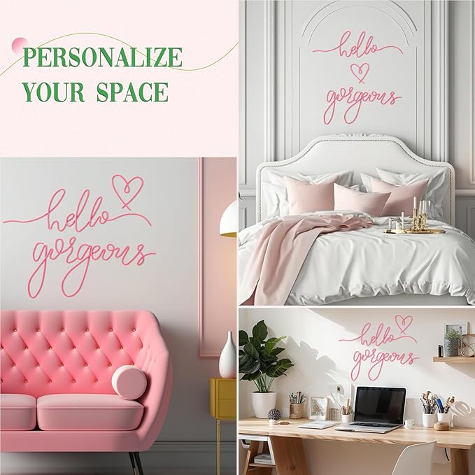 Hicarer Metal Hello Gorgeous Wall Art Minimalist Decor for Bedroom Bathroom Living Room Dressing Room Salon Office Home Decorations Easy to Install Wall Decor(Pink,Classic Style)