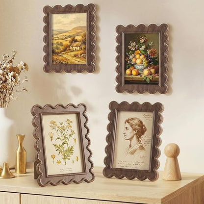 Novabright 4 Pcs 4 x 6 Inch Wood Petal Picture Frame Vintage Photo Frame with Real Glass for Tabletop and Wall Display Home Decor Photo Gallery Family Friend Wedding Graduation Gift