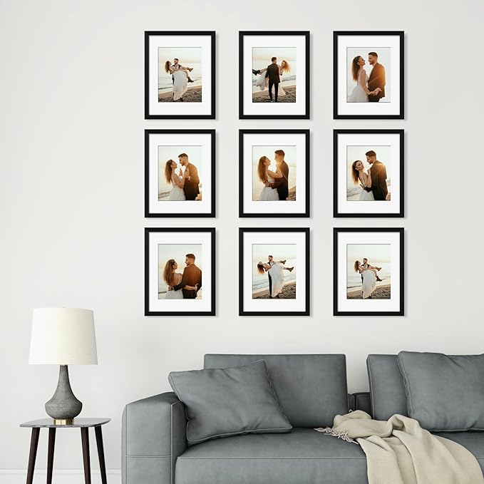 YESKAY 11x14 Picture Frame Set of 9, Photo Gallery Wall Frame Set, Display Pictures 8x10 with Mat or 11 x 14 Without Mat, Multi Photo Frames for Wall Mounting or Table Top Display, Black