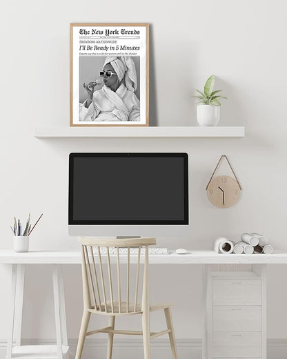 EcoHest Small 8x10 in Beige OAK Wood Framed Wall Art, I'll Be Ready in 5 Minutes Newspaper Print, Feminist Makeup Canvas Wall Art Home Decor, Retro Bathroom Decor, Set of 1 For Bedroom Living Room