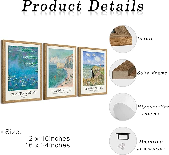 JLTULT 3 Piece Framed Vintage Claude Monet Canvas Wall Art, Impressionism Landscape Wall Decor, The Cliff Walk at Pourville Water Lilies Prints for Living Room Bedroom Office 16x24 in Easy to Hang