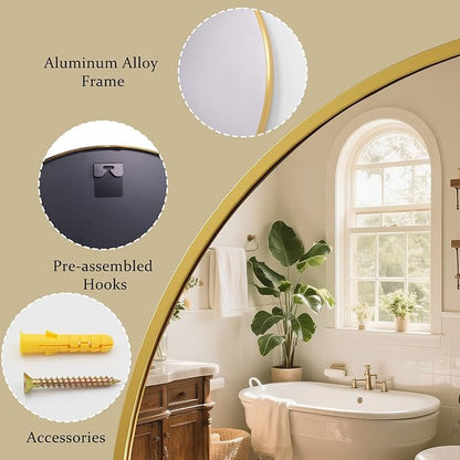XRAMFY 42 Inch Round Gold Metal Wall Mirror - Stylish Circle Mirror for Entryway, Bathroom, and Living Room Decor | Matte Gold Circle Wall Mirror