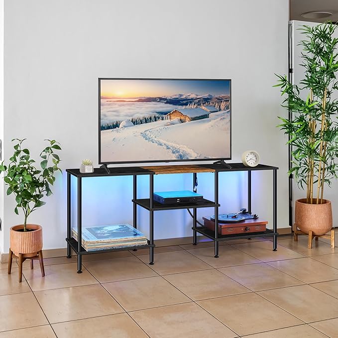 LED TV Stand for Bedroom Black 50 Inch TV Stand with Power Outlet, 3 Tier Small Entertainment Center with Storage Farmhouse TV Media Console Table for 50 43 40 32 Inch TV