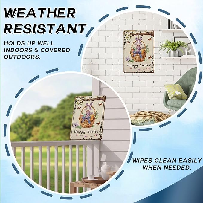 Happy Easter Metal Sign Retro Fun Design Family Party Decor Tin Wall Panel For Home Living Room Kitchen Easter Celebration 12x16Inch