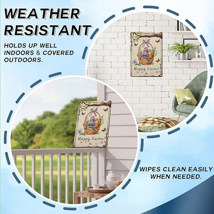 Happy Easter Metal Sign Retro Fun Design Family Party Decor Tin Wall Panel For Home Living Room Kitchen Easter Celebration 12x16Inch