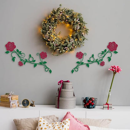 Pinetree Art 2 Pieces Metal Flower Wall Art Modern Vintage Rose Floral Branch Wall Decor for Living Room Hallway Bathroom (Red)
