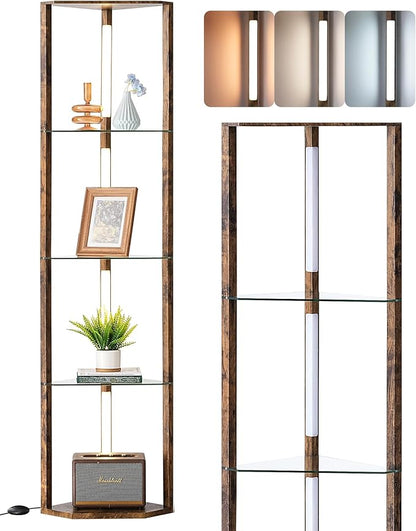 EDISHINE Corner Shelf with Light, 5-Tier Glass Display Shelf with Remote/Foot Control, 3CCT & Dimmable Corner Lamp, Open Display Cabinet, Standing Lamp for Living Room, Bedroom, Flamewood Color