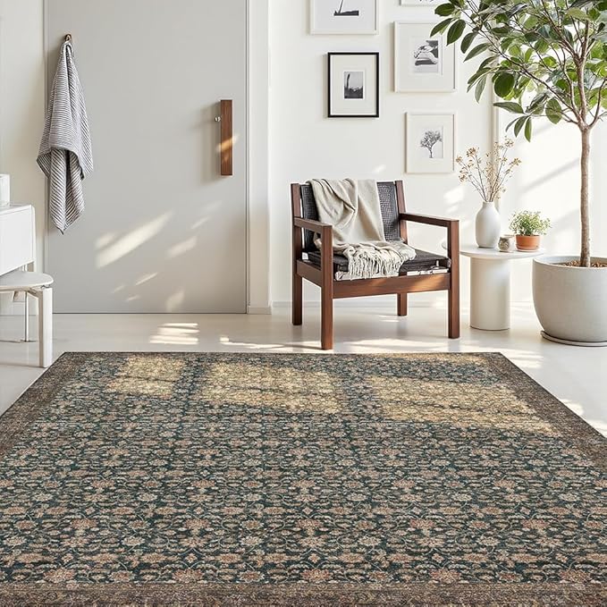 4x6 Area Rugs Green Washable Rug for Living Room, Dining Room, Bedroom, Large Carpets, Non Slip & Non-Shedding Low Pile Vintage Print Rug for Home Office Decor