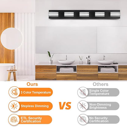 GOODATE 3 Color Temperature Dimmable Bathroom Light Fixtures Over Mirror, LED Black 5 Light Vanity Lighting Fixtures, Acrylic Stainless Steel Oval Shade Vanity Lights for Bathroom, ETL Certificated