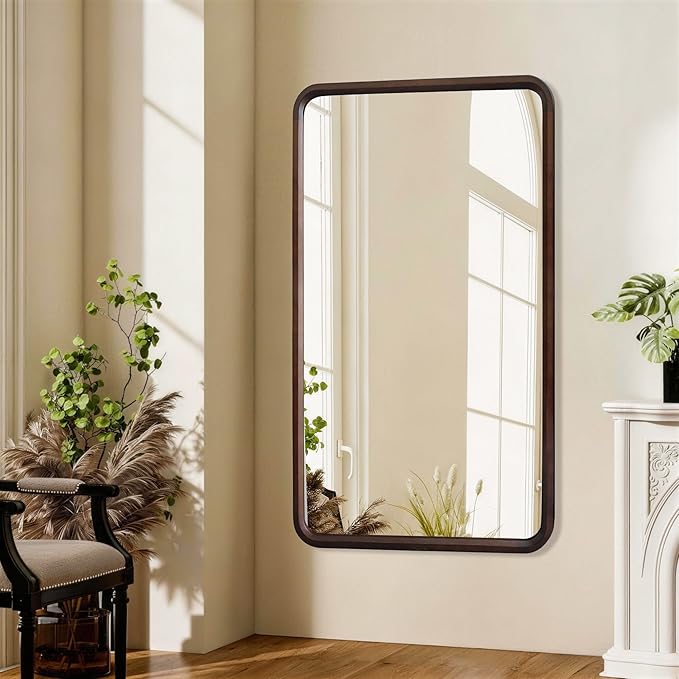 Bathroom Mirror for Wall,Wood Rectangle 30 x 48 inch Hanging Vatiny Tempered Mirrors with Rounded Corner for Living Room,Bedroom,Entryway