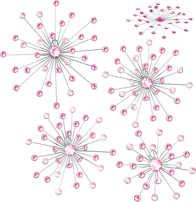 Funnymoom 4 Pcs Pink Starburst Wall Decor Metal Bling Wall Art Pink Crystal Sparkling Rhinestones Bling Decorative Hanging Diamond for Living Room Bedroom Home Office