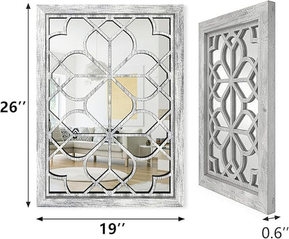 Set of 2 19x26 Inch Large Grey Shatterproof Rectangular Wall Mirrors, Boho Rustic Farmhouse Vintage Accent Mirrors for Living Room Bedroom Entryway Dining Room & Home Decor