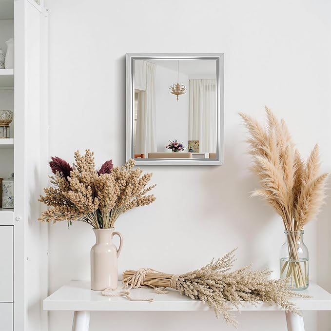 CIRCUMI 14"x16" Brushed Silver Mirror with Chunky Box Metal Frame, Bathroom Mirror for Vanity Remodel & New Home, Living Room, Entryway, Rectangular Wall Mirror, Tempered Glass, Vertical or Horizontal