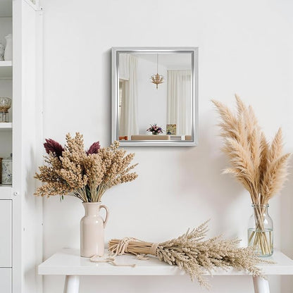 CIRCUMI 14"x16" Brushed Silver Mirror with Chunky Box Metal Frame, Bathroom Mirror for Vanity Remodel & New Home, Living Room, Entryway, Rectangular Wall Mirror, Tempered Glass, Vertical or Horizontal