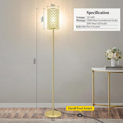 Gold Floor Lamp, Crystal Floor Lamp with Decorative Shade, Standing Lamp with On/Off Foot Switch & E26 Base, Modern Floor Lamps Corner Tall Pole Light for Living Room, Girls Bedroom, Dresser, Office