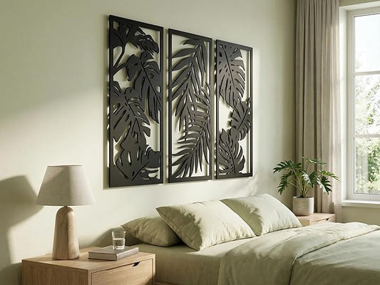 Vailla Wood Wall Art Decor Tropical leaves Wall Hanging Sculpture Modern Home Decoration 3 Wall Hangings Large Wooden Wall Arr 3D Textured Sculptures for Living Room Bedroom Office Dinnig Room