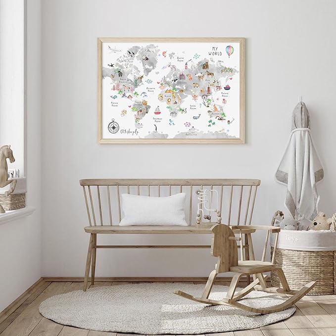 Joocrise Grey Kids World Map Wall Art Animal Map Canvas Wall Art Nursery Wall Decor World Map Poster Childrens Room Decor Playroom Prints Educational Artwork 16x24 Inch Wood Frame