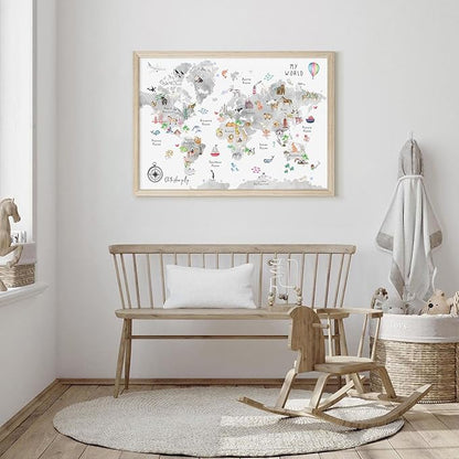 Joocrise Grey Kids World Map Wall Art Animal Map Canvas Wall Art Nursery Wall Decor World Map Poster Childrens Room Decor Playroom Prints Educational Artwork 16x24 Inch Wood Frame