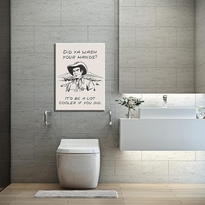 Framed Retro Black and White Cowboy Kitchen Wall Art Did You Wash Your Hands Canvas Prints Cute Bathroom Humor Pictures Trendy Decor Posters Paintings Western Home Wall Decor (16x24in Framed)