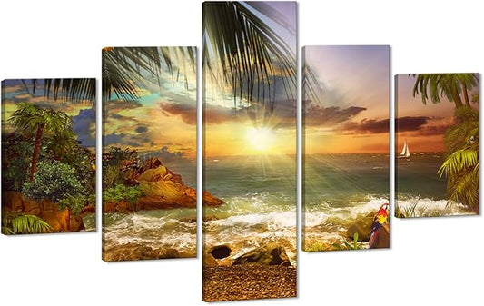 Yatsen Bridge Beautiful Beach Waves Palm Sunset Landscape Modern Pictures Painting on Canvas 5 Panels Combination Enlarge Set for Wall Art Living Room Home Decor Framed Stretched (60''W x 40''H)