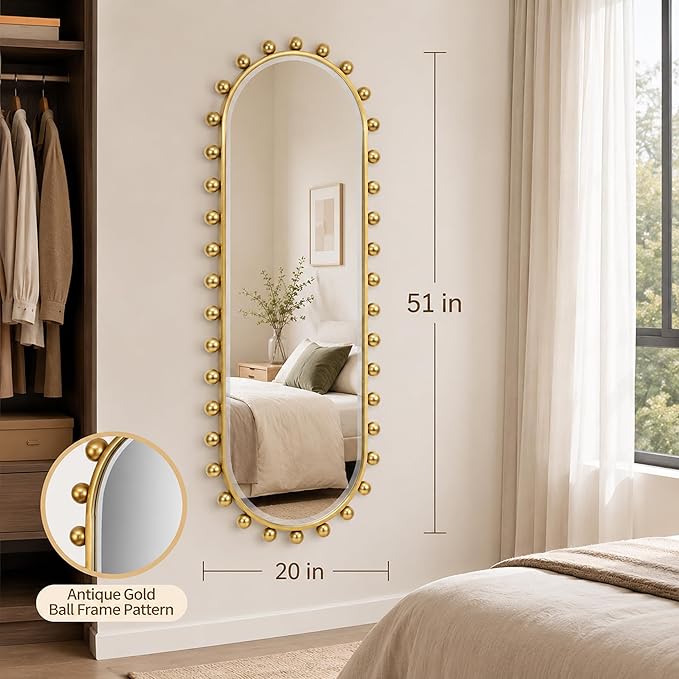 Oval Full-Length Wall Mounted Mirror 20" x 51", Antique Gold Beaded Beveled Mirror with Ball Frame, Vertical & Horizontal Hanging Wall Mirror for Bathroom, Bedroom, Dressing Room, Entryway