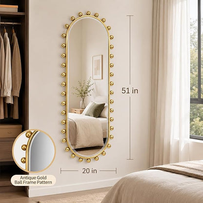 Oval Full-Length Wall Mounted Mirror 20" x 51", Antique Gold Beaded Beveled Mirror with Ball Frame, Vertical & Horizontal Hanging Wall Mirror for Bathroom, Bedroom, Dressing Room, Entryway